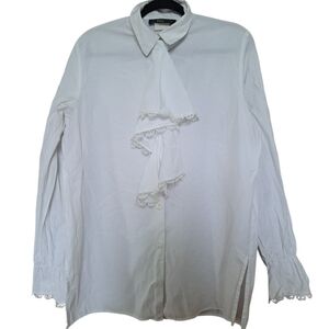 Vintage Two Road - White Lace-Trim Ruffled Front Button-Up Blouse - M L
